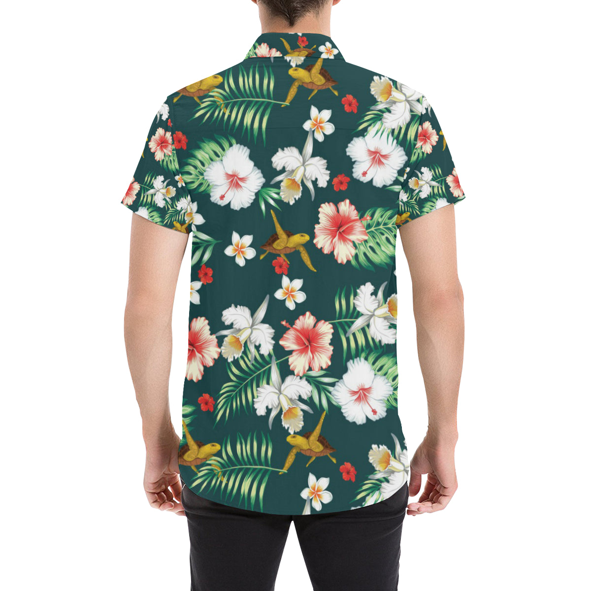Hawaiian Flower Design with SeaTurtle Print Men's Short Sleeve Button Up Shirt
