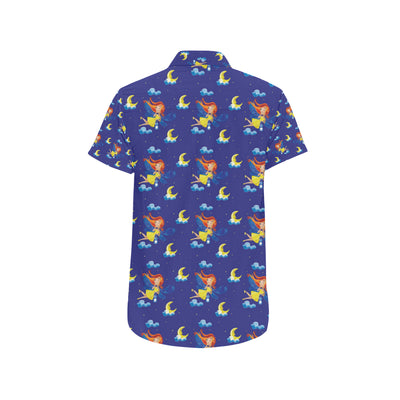 Fairy with Moon Print Pattern Men's Short Sleeve Button Up Shirt