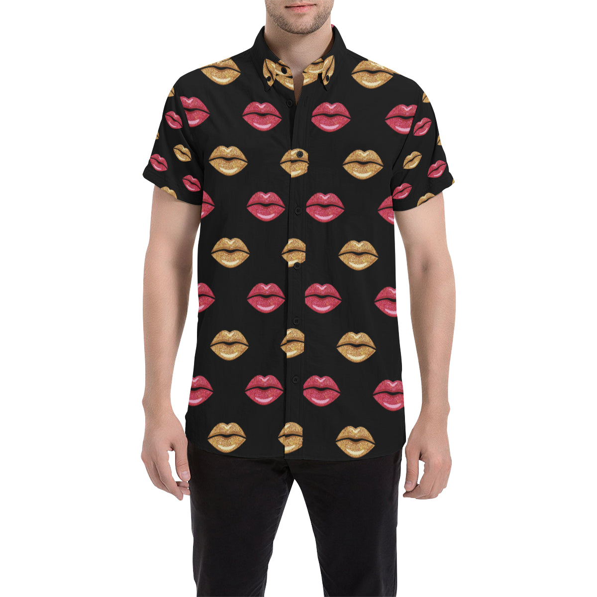 Lip Pattern Print Design 03 Men's Short Sleeve Button Up Shirt