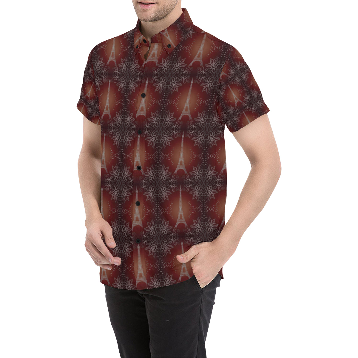 Eiffel Tower Drawing Print Men's Short Sleeve Button Up Shirt
