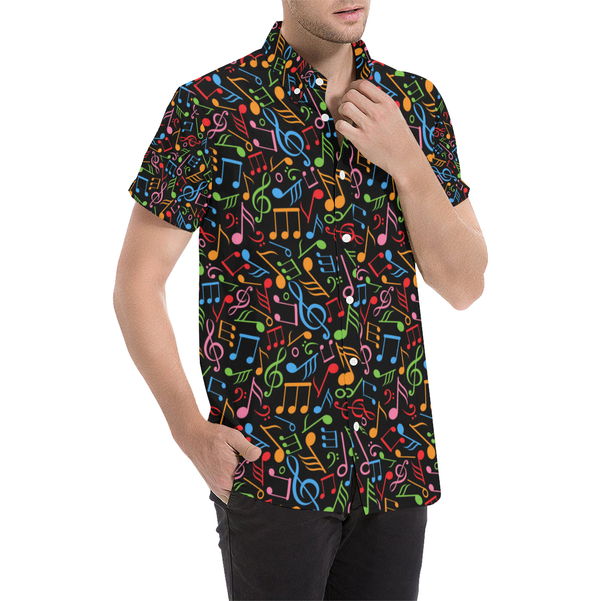 Music Note Colorful Themed Print Men's Short Sleeve Button Up Shirt