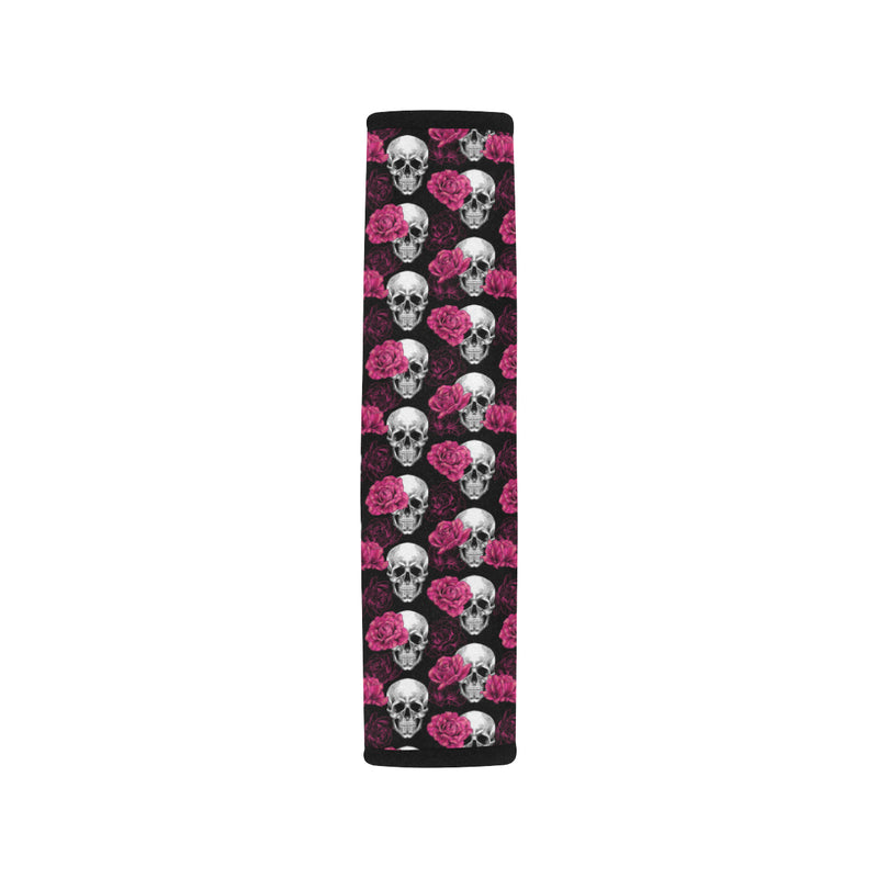 Pink Rose Skull Themed Print Car Seat Belt Cover