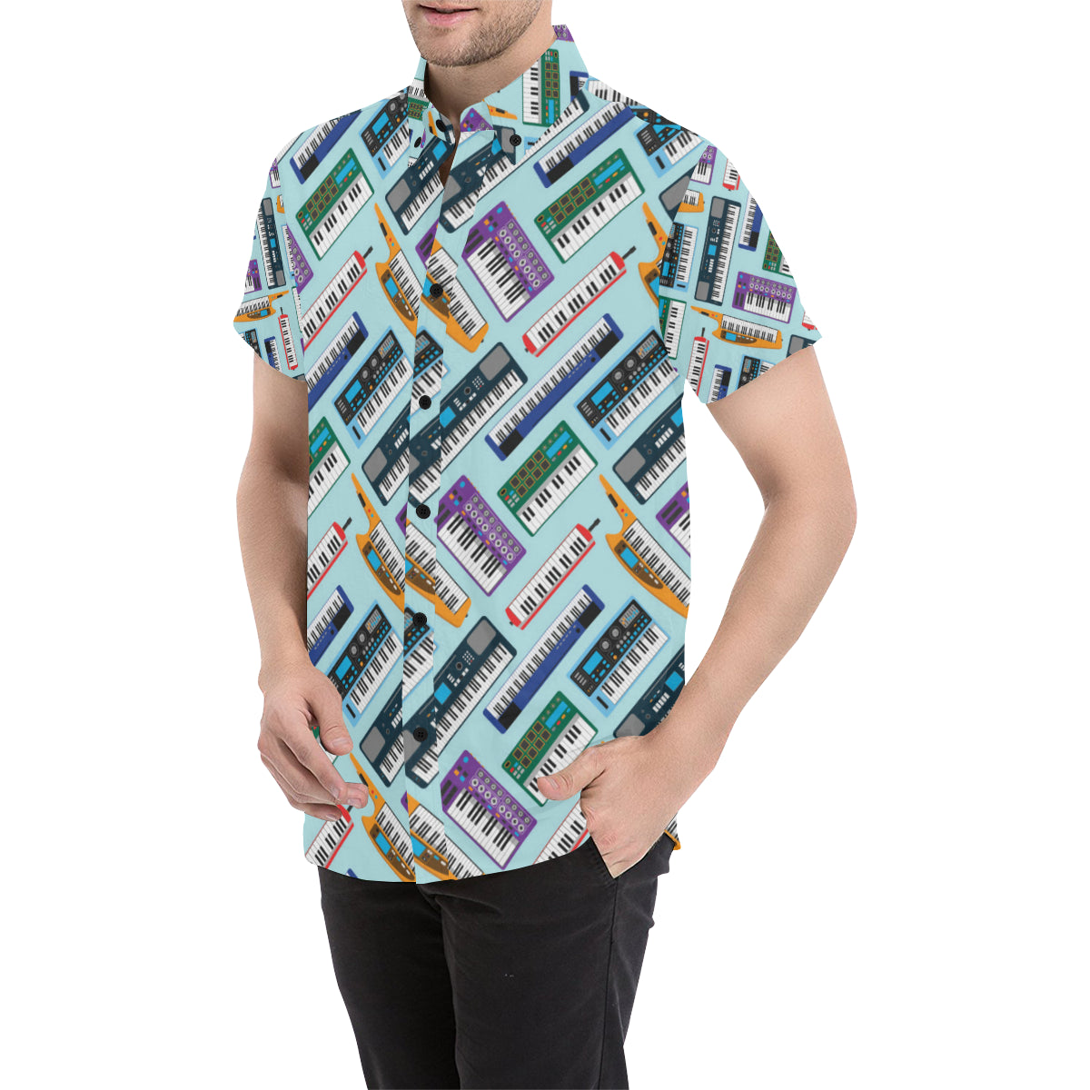 Synthesizer Pattern Print Design 02 Men's Short Sleeve Button Up Shirt