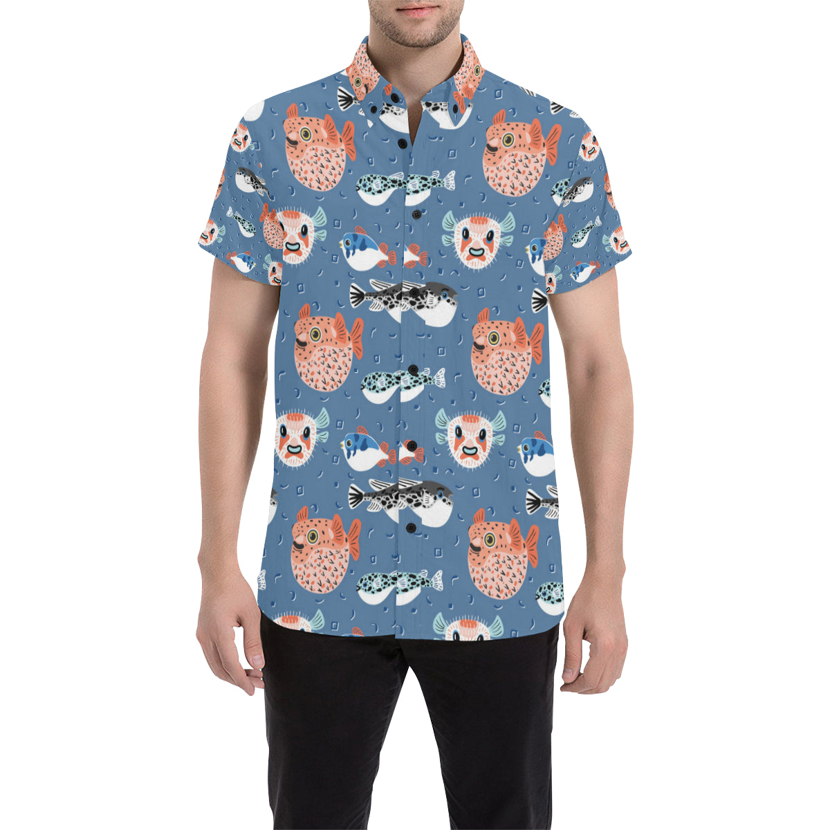 Fugu Pattern Print Design 02 Men's Short Sleeve Button Up Shirt