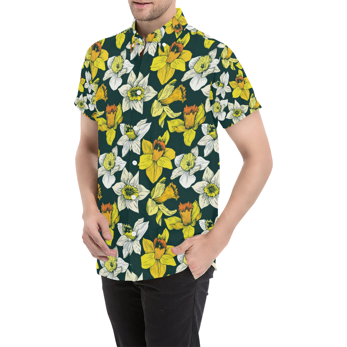 Daffodils Pattern Print Design DF02 Men's Short Sleeve Button Up Shirt