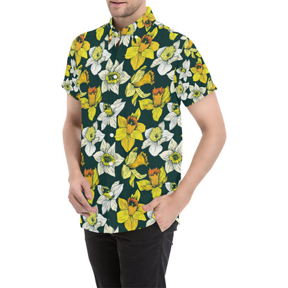 Daffodils Pattern Print Design DF02 Men's Short Sleeve Button Up Shirt