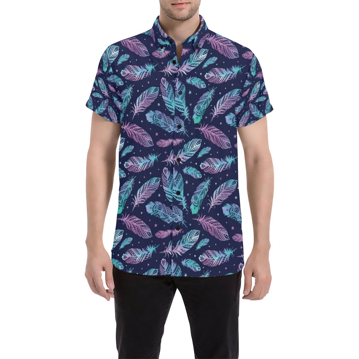 Feather Aztec Design Print Men's Short Sleeve Button Up Shirt