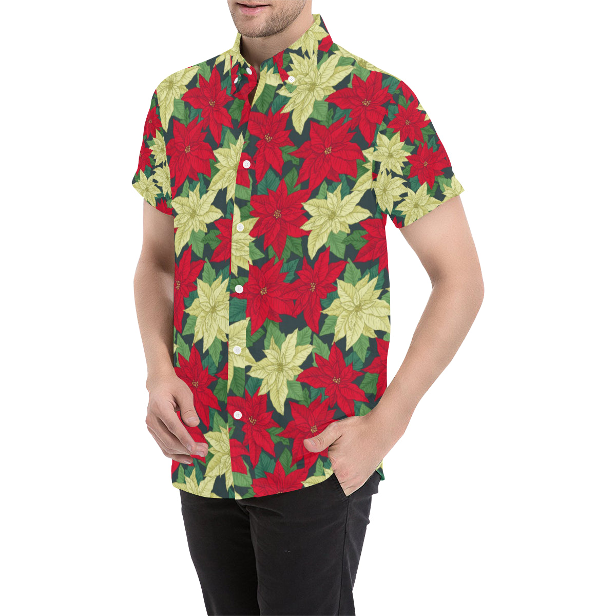 Poinsettia Pattern Print Design POT06 Men's Short Sleeve Button Up Shirt