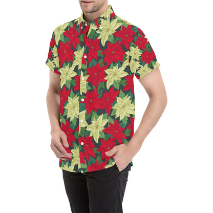 Poinsettia Pattern Print Design POT06 Men's Short Sleeve Button Up Shirt