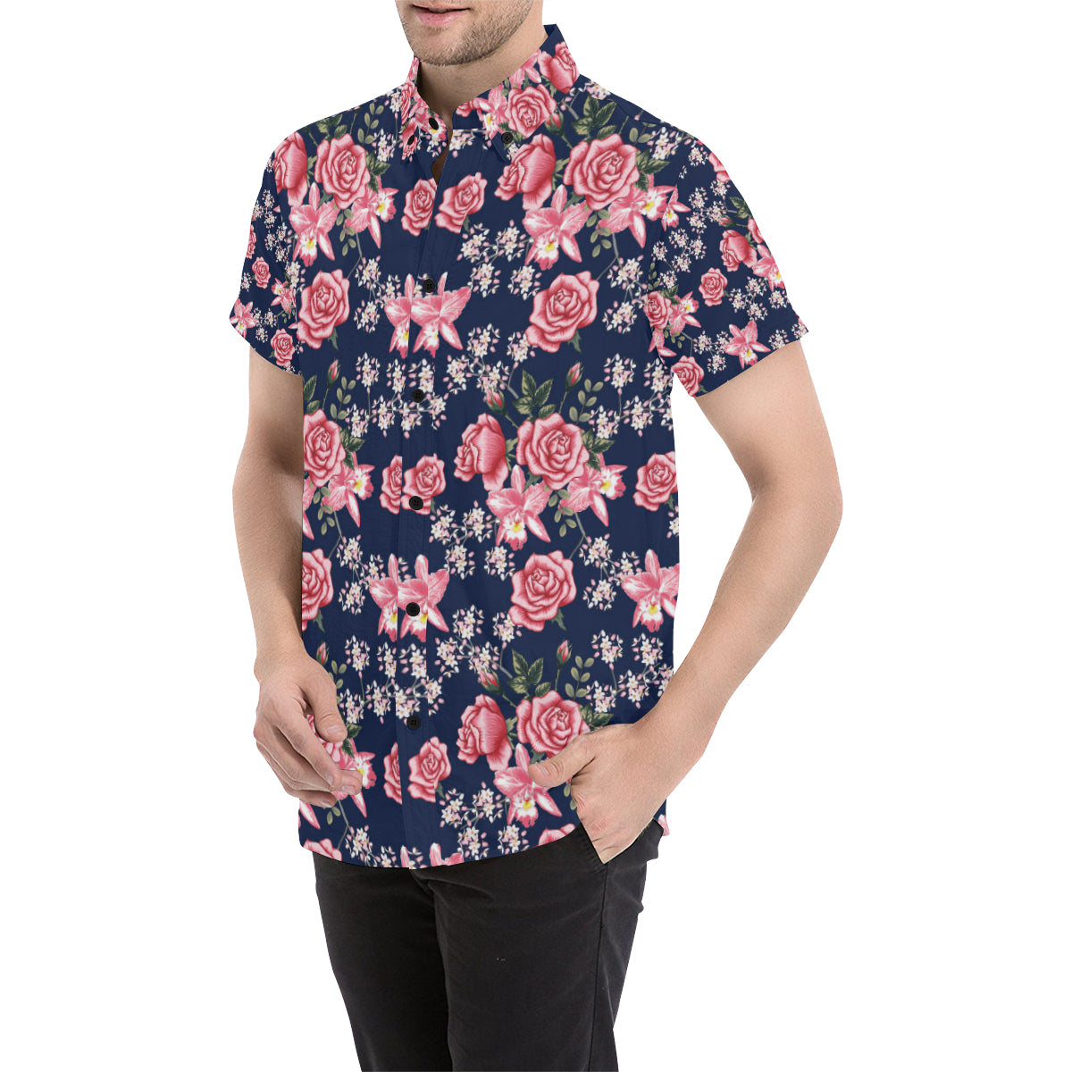 Rose Pattern Print Design A05 Men's Short Sleeve Button Up Shirt