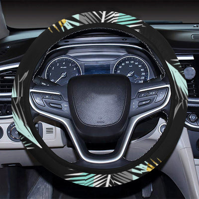 Gold Glitter Cyan Tropical Palm Leaves Steering Wheel Cover with Elastic Edge