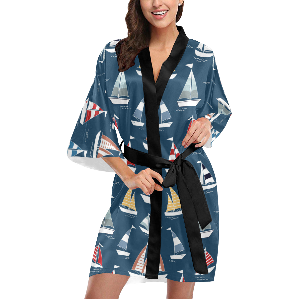 Sailing Ships Pattern Print Design A04 Women's Short Kimono