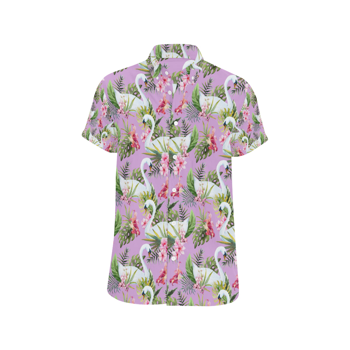 Swan with Flower Pattern Print Design 01 Men's Short Sleeve Button Up Shirt