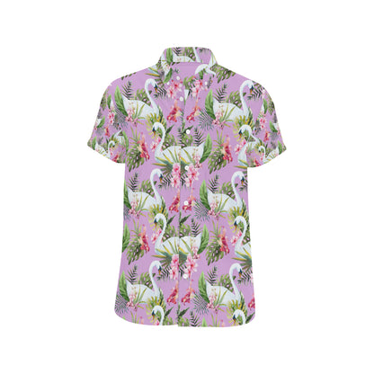Swan with Flower Pattern Print Design 01 Men's Short Sleeve Button Up Shirt
