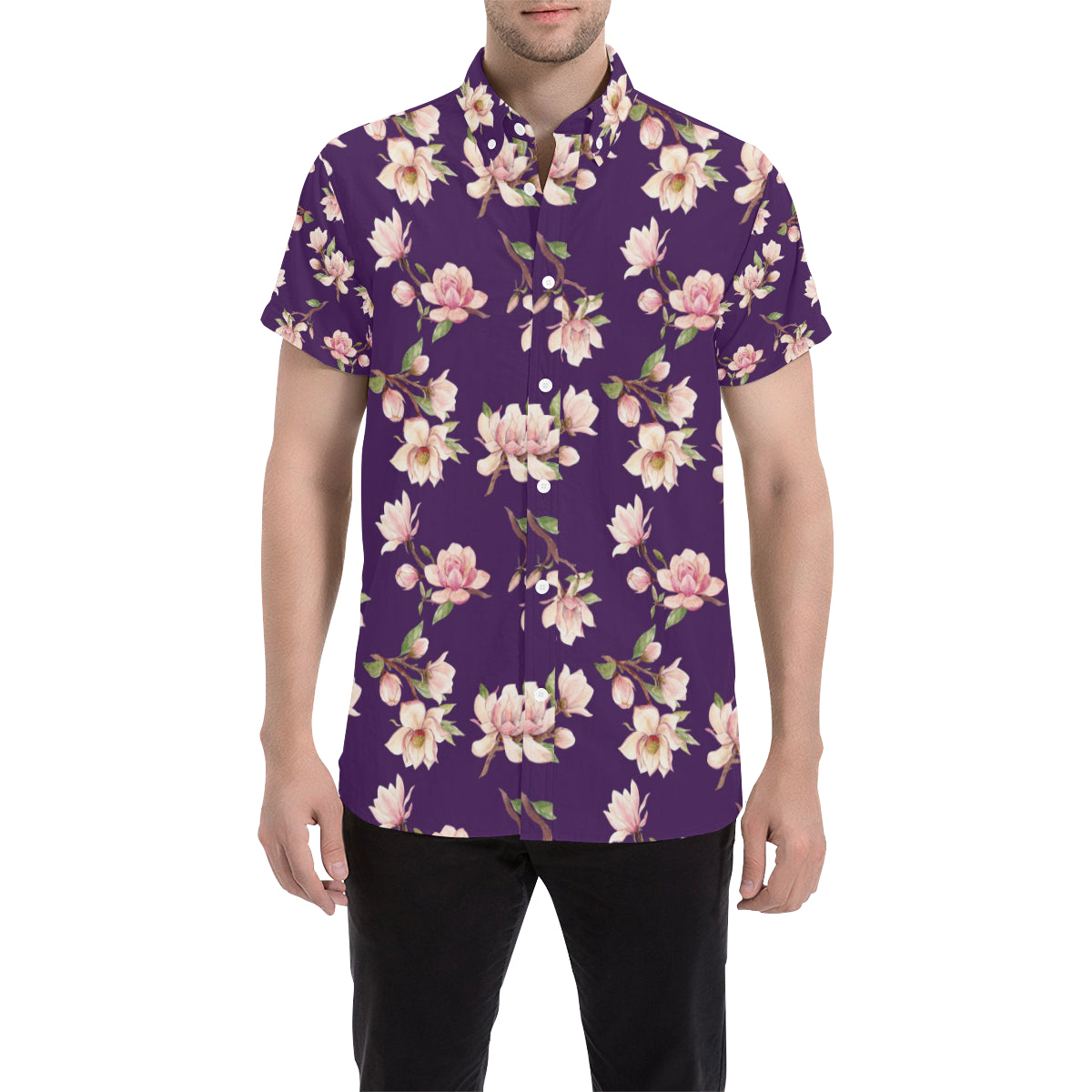 Magnolia Pattern Print Design MAG02 Men's Short Sleeve Button Up Shirt