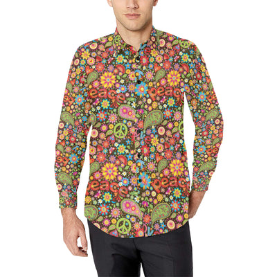 Flower Power Peace Paisley Themed Print Men's Long Sleeve Shirt