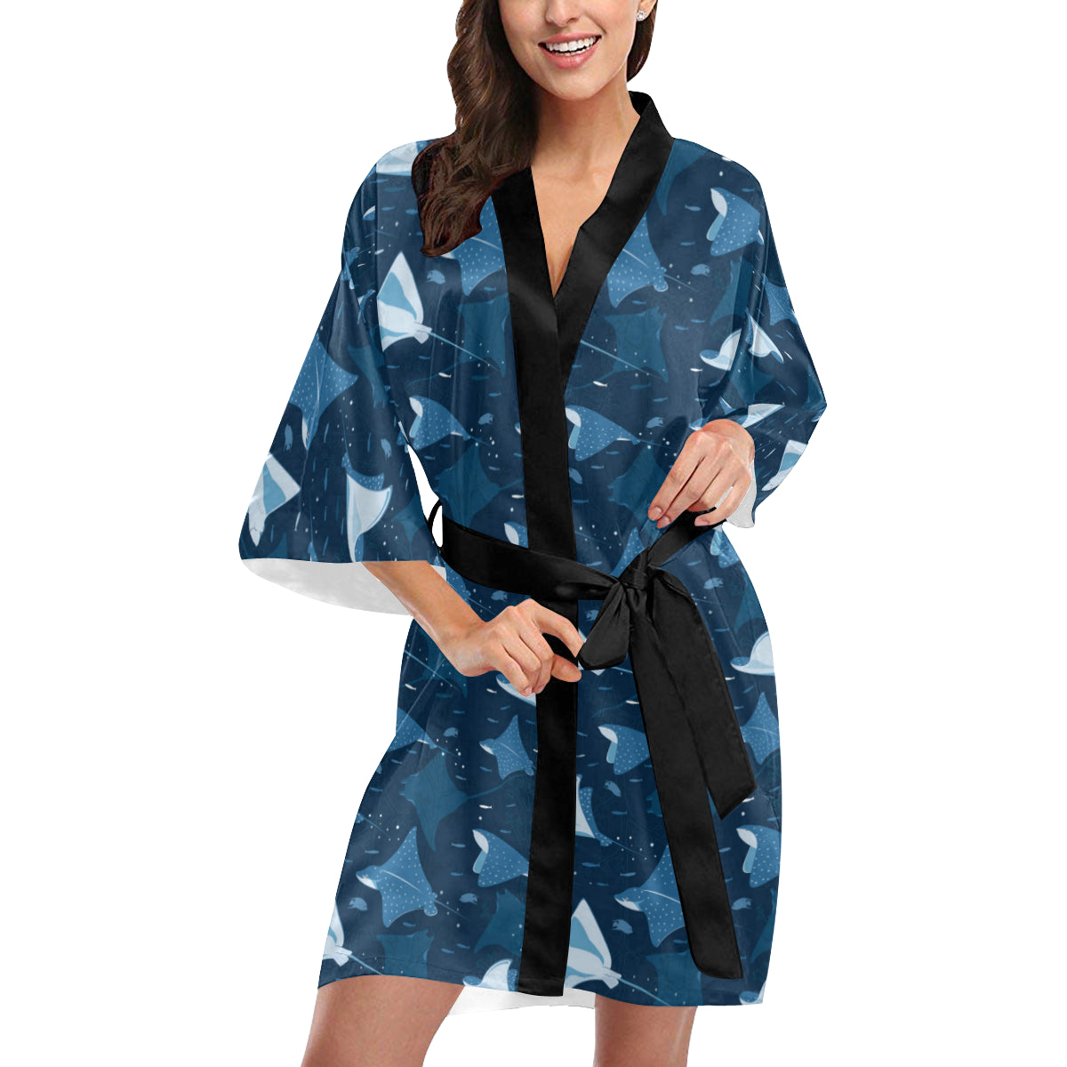 Manta Ray Pattern Print Design 02 Women's Short Kimono