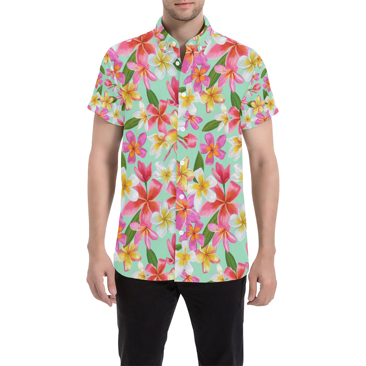 Plumeria Pattern Print Design PM014 Men's Short Sleeve Button Up Shirt