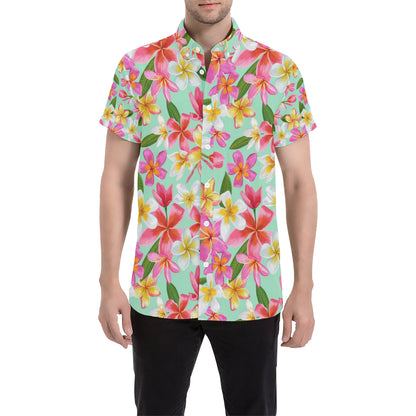 Plumeria Pattern Print Design PM014 Men's Short Sleeve Button Up Shirt