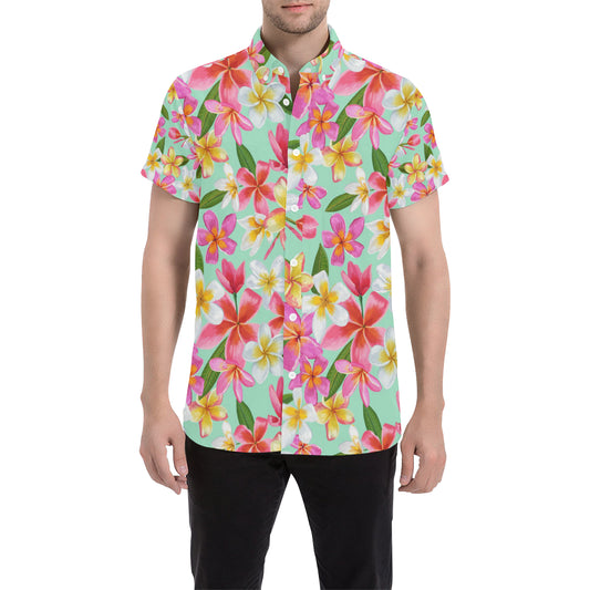 Plumeria Pattern Print Design PM014 Men's Short Sleeve Button Up Shirt