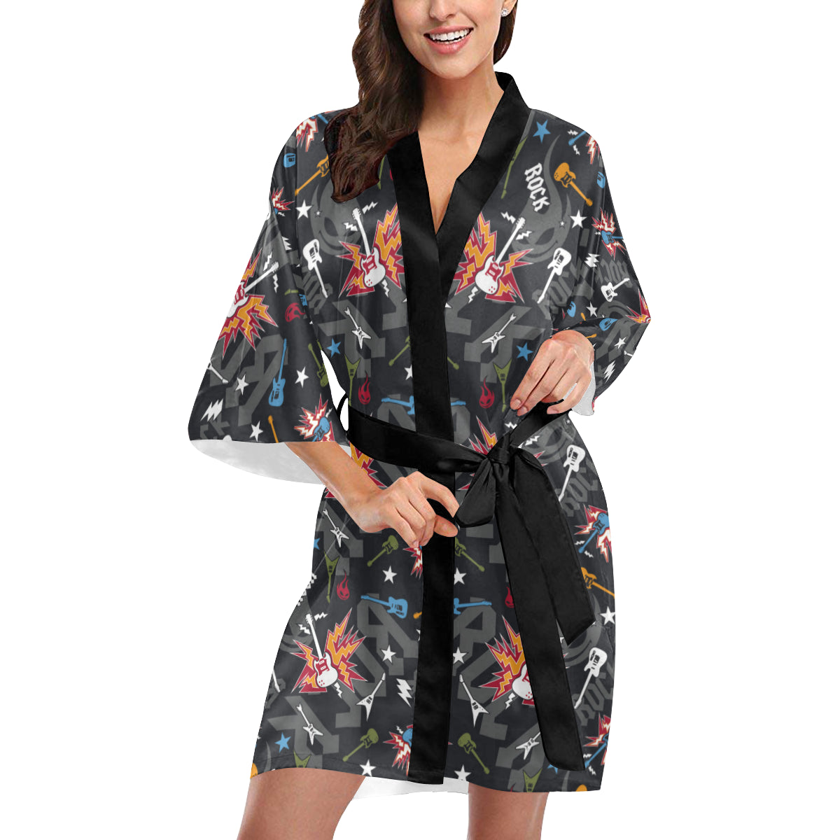 Rock and Roll Pattern Print Design A01 Women's Short Kimono