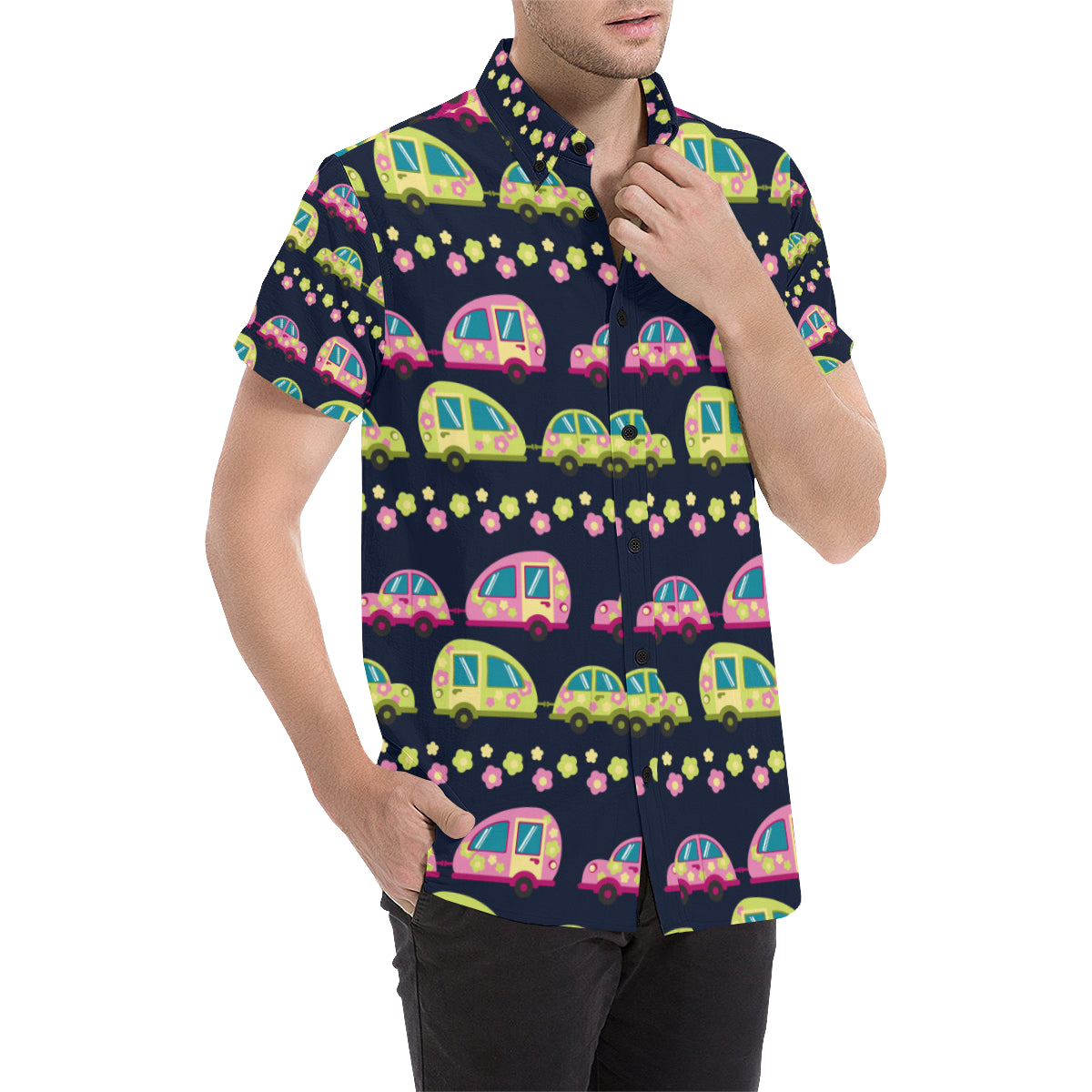 Camper Cute Camping Design No 3 Print Men's Short Sleeve Button Up Shirt