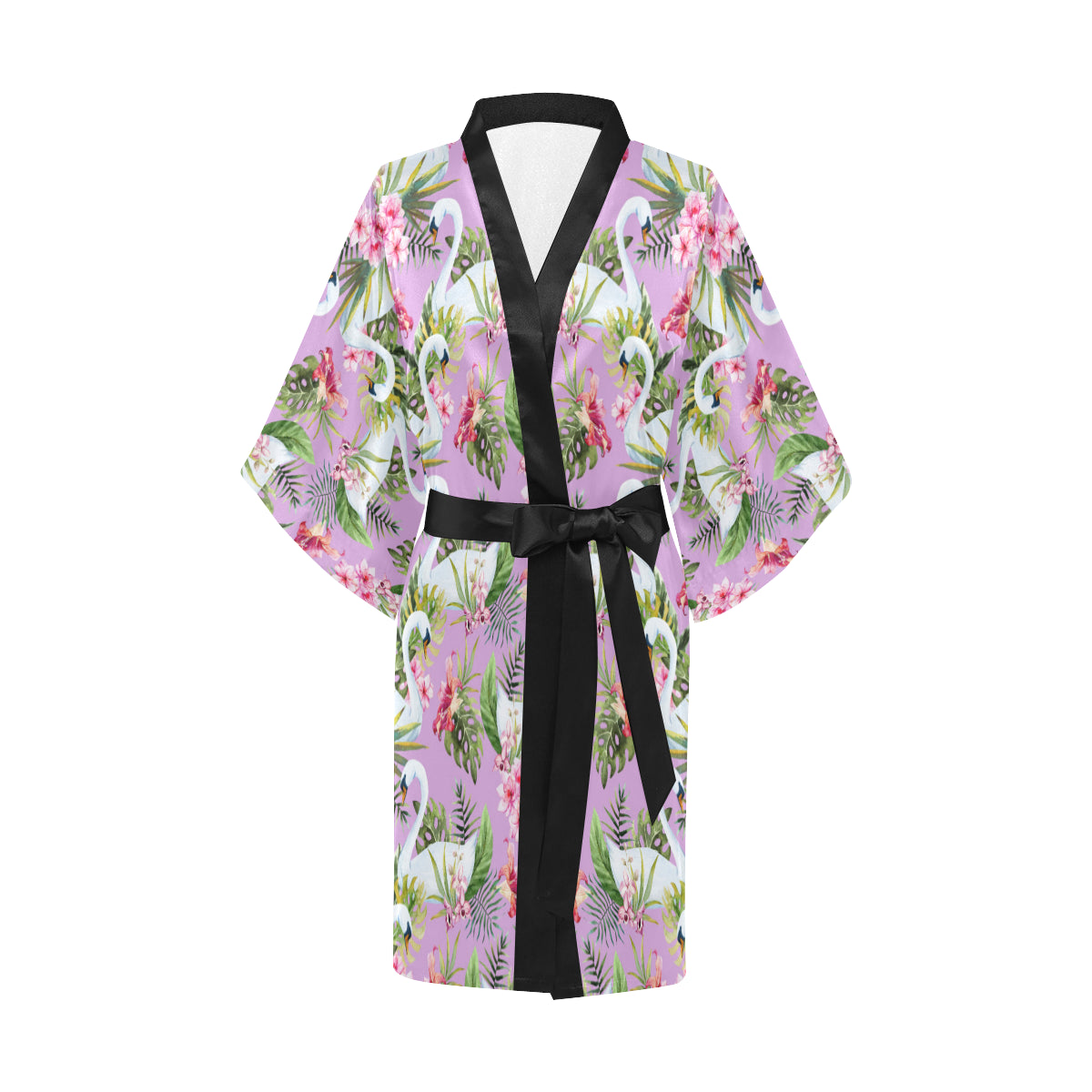 Swan with Flower Pattern Print Design 01 Women's Short Kimono