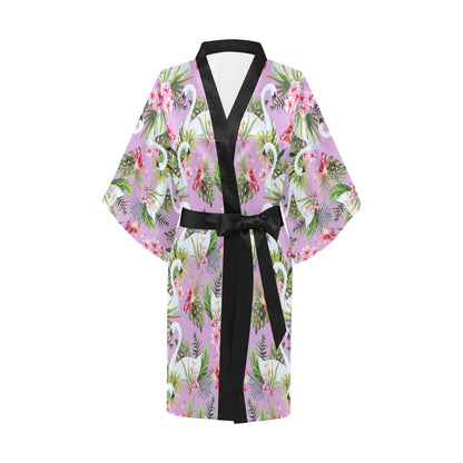 Swan with Flower Pattern Print Design 01 Women's Short Kimono