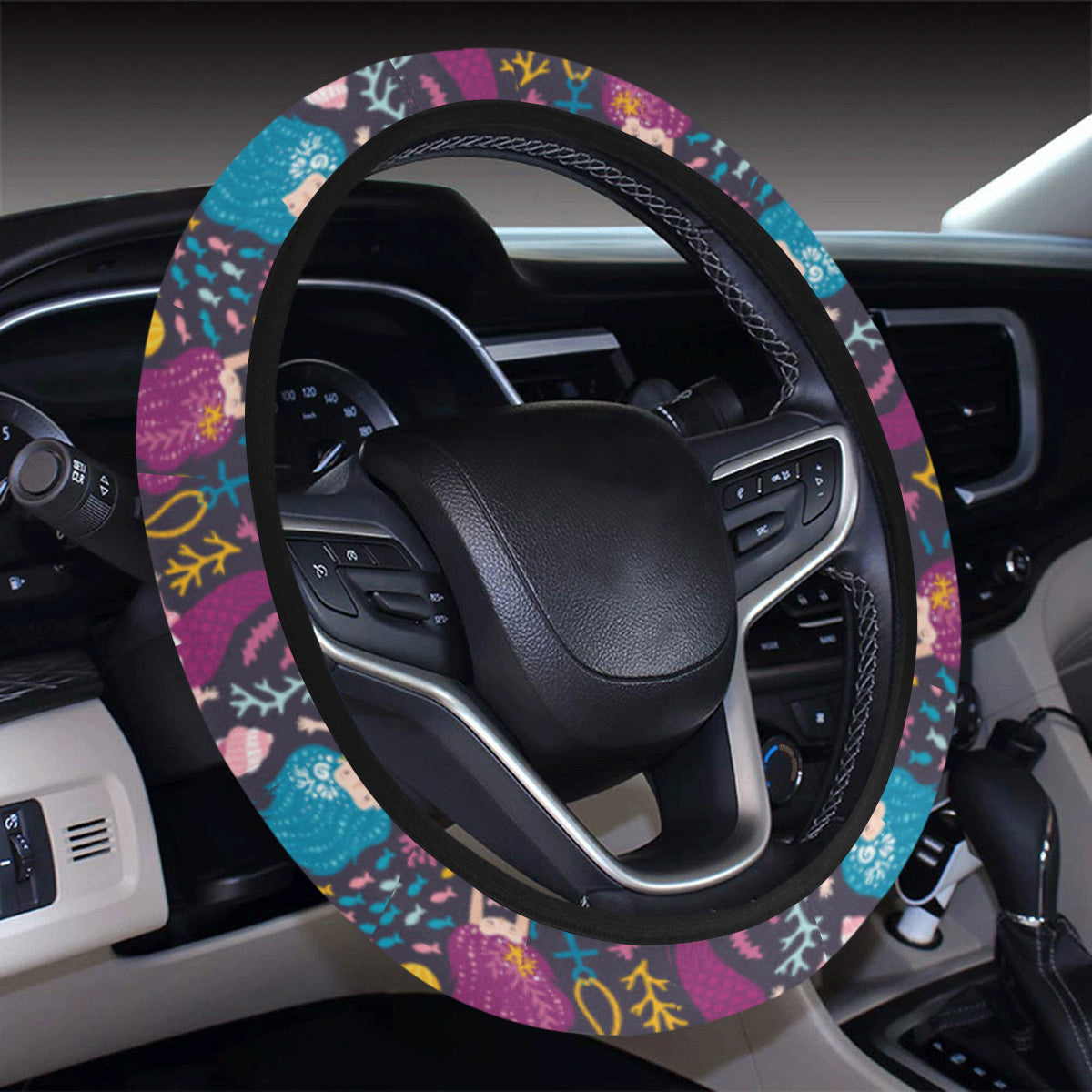 Mermaid Pattern Print Design 08 Steering Wheel Cover with Elastic Edge
