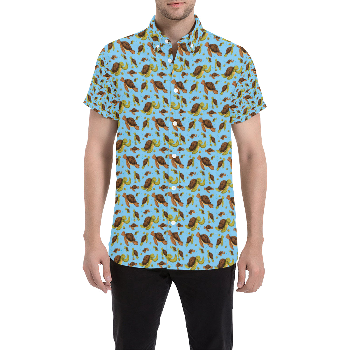 Hello Sea Turtle Print Pattern Men's Short Sleeve Button Up Shirt