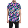 Neon Hibiscus Pattern Print Design HB016 Men's Short Sleeve Button Up Shirt