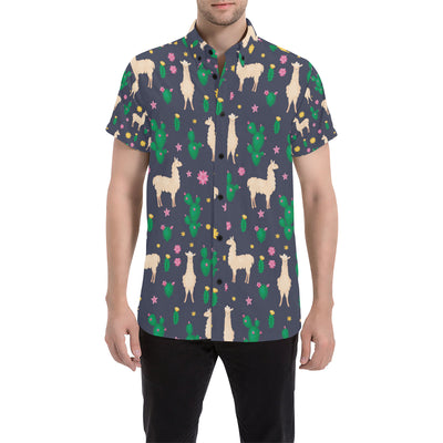 Llama Cactus Pattern Print Design 012 Men's Short Sleeve Button Up Shirt