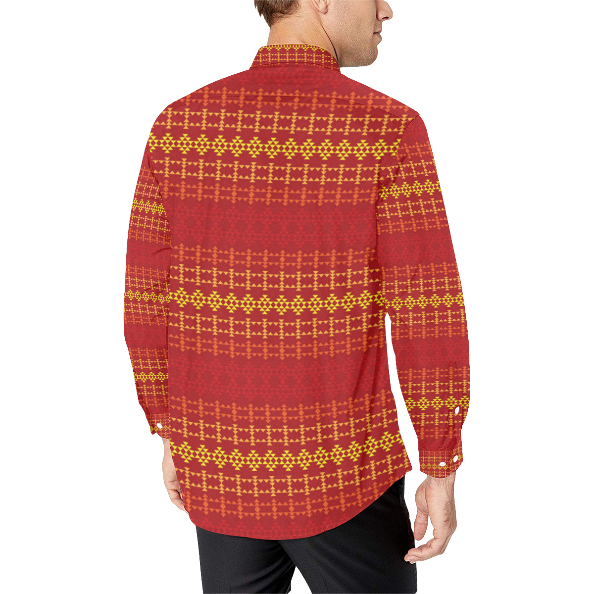 Southwest Red Gold Design Themed Print Men's Long Sleeve Shirt