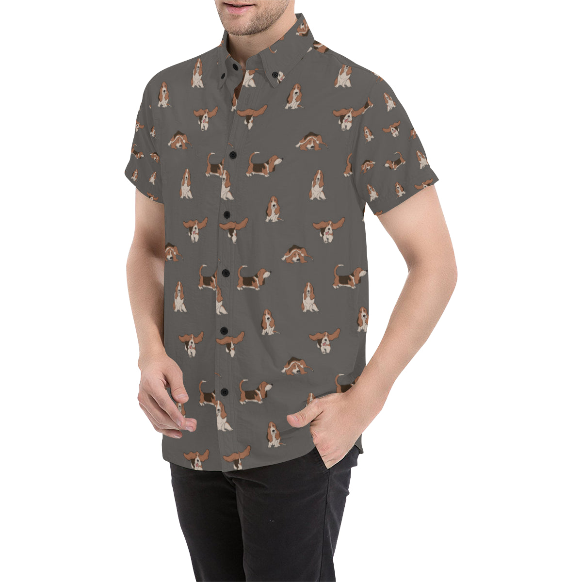 Basset Hound Pattern Print Design 03 Men's Short Sleeve Button Up Shirt