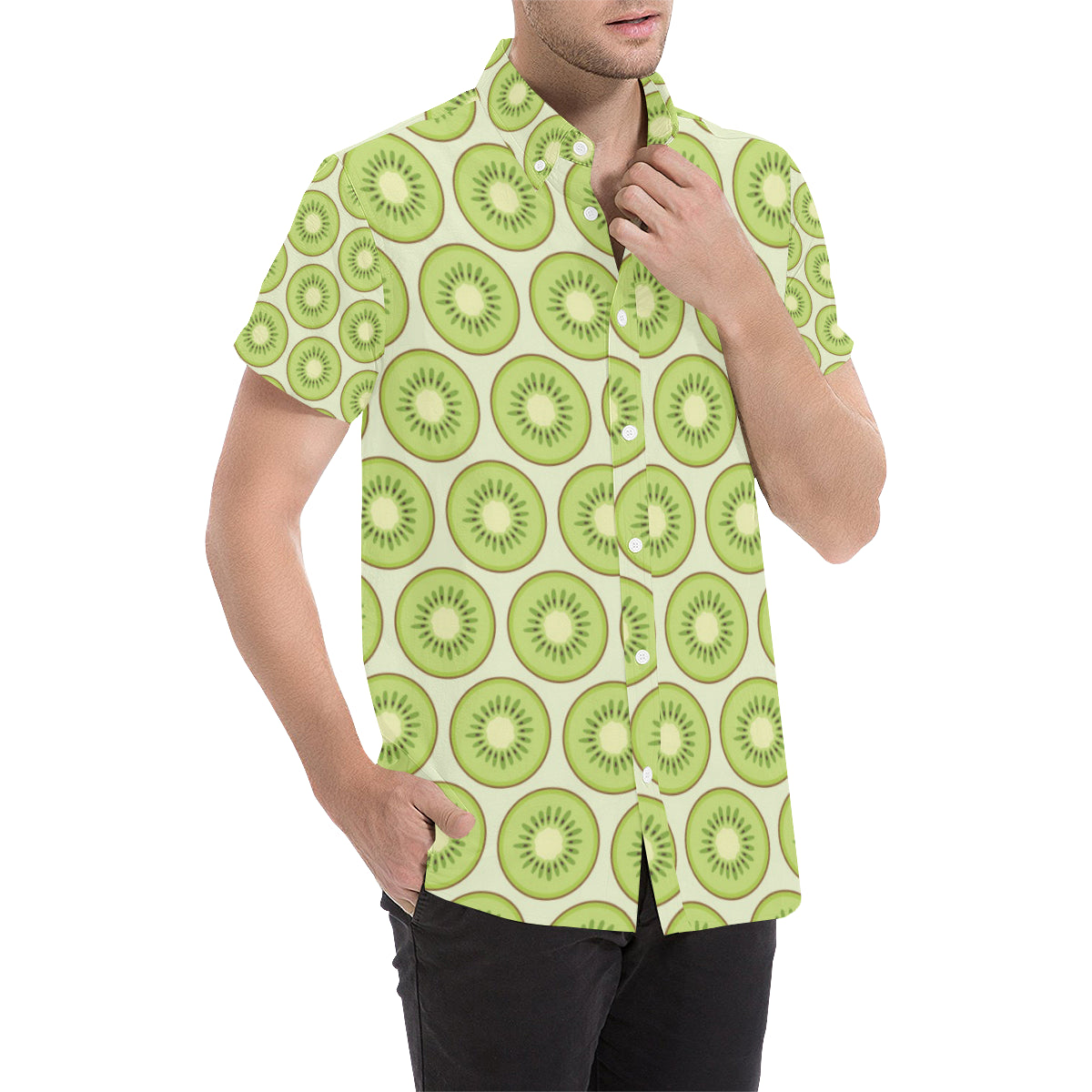 Kiwi Pattern Print Design KW02 Men's Short Sleeve Button Up Shirt