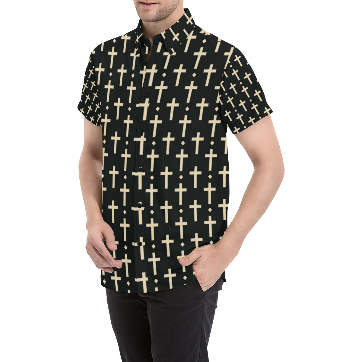 Cross Pattern Print Design 03 Men's Short Sleeve Button Up Shirt