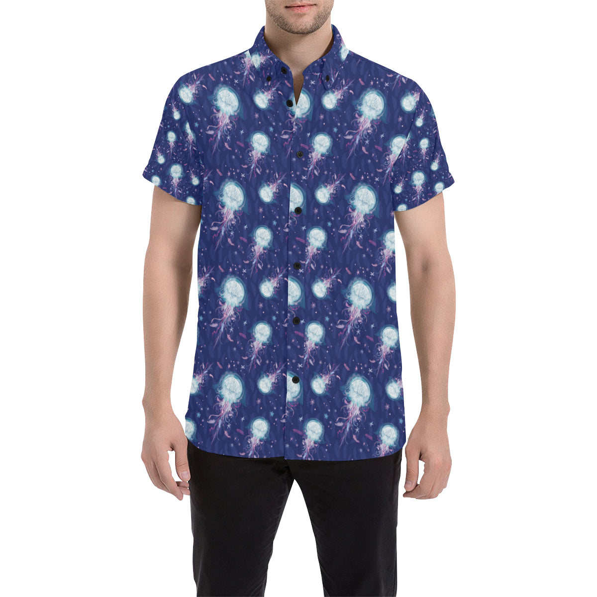 Jellyfish Cute Design Men's Short Sleeve Button Up Shirt