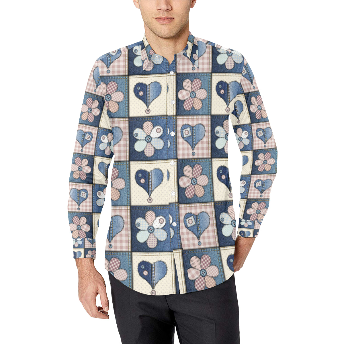 Patchwork Heart Flower Pattern Print Design 01 Men's Long Sleeve Shirt