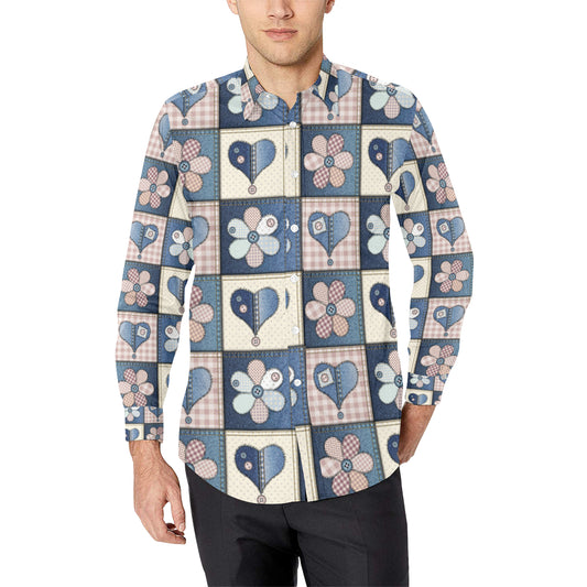 Patchwork Heart Flower Pattern Print Design 01 Men's Long Sleeve Shirt