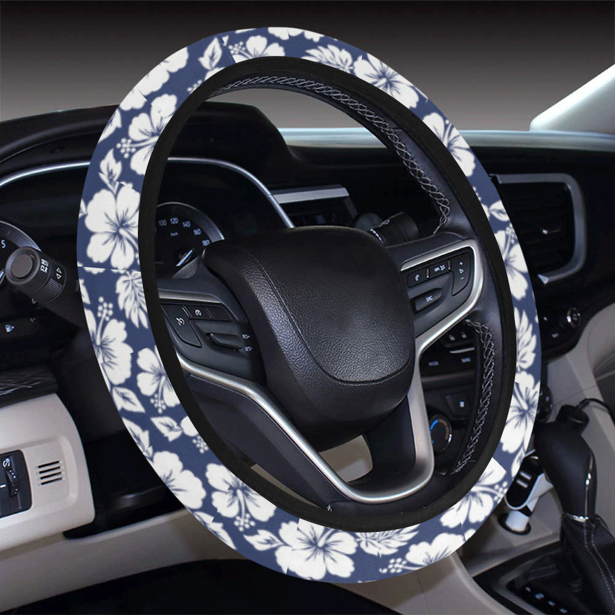 Hibiscus Blue Hawaiian Flower Style Steering Wheel Cover with Elastic Edge
