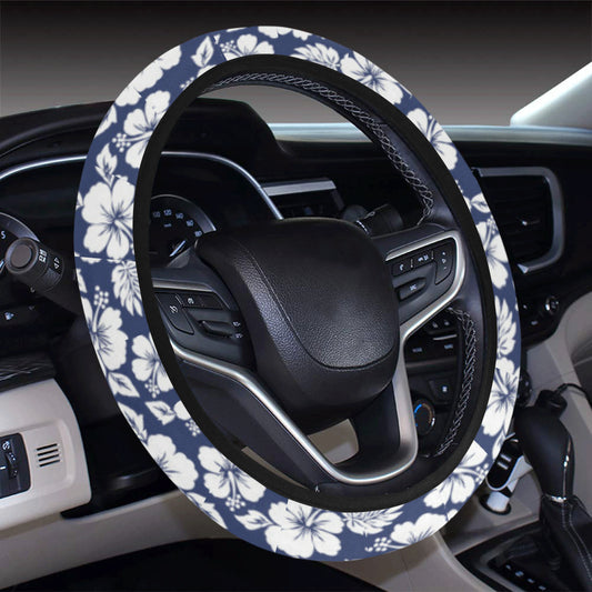 Hibiscus Blue Hawaiian Flower Style Steering Wheel Cover with Elastic Edge