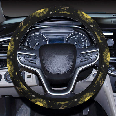 Sun Moon Golden Design Themed Print Steering Wheel Cover with Elastic Edge