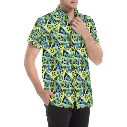 Soccer Ball Themed Print Design Men's Short Sleeve Button Up Shirt