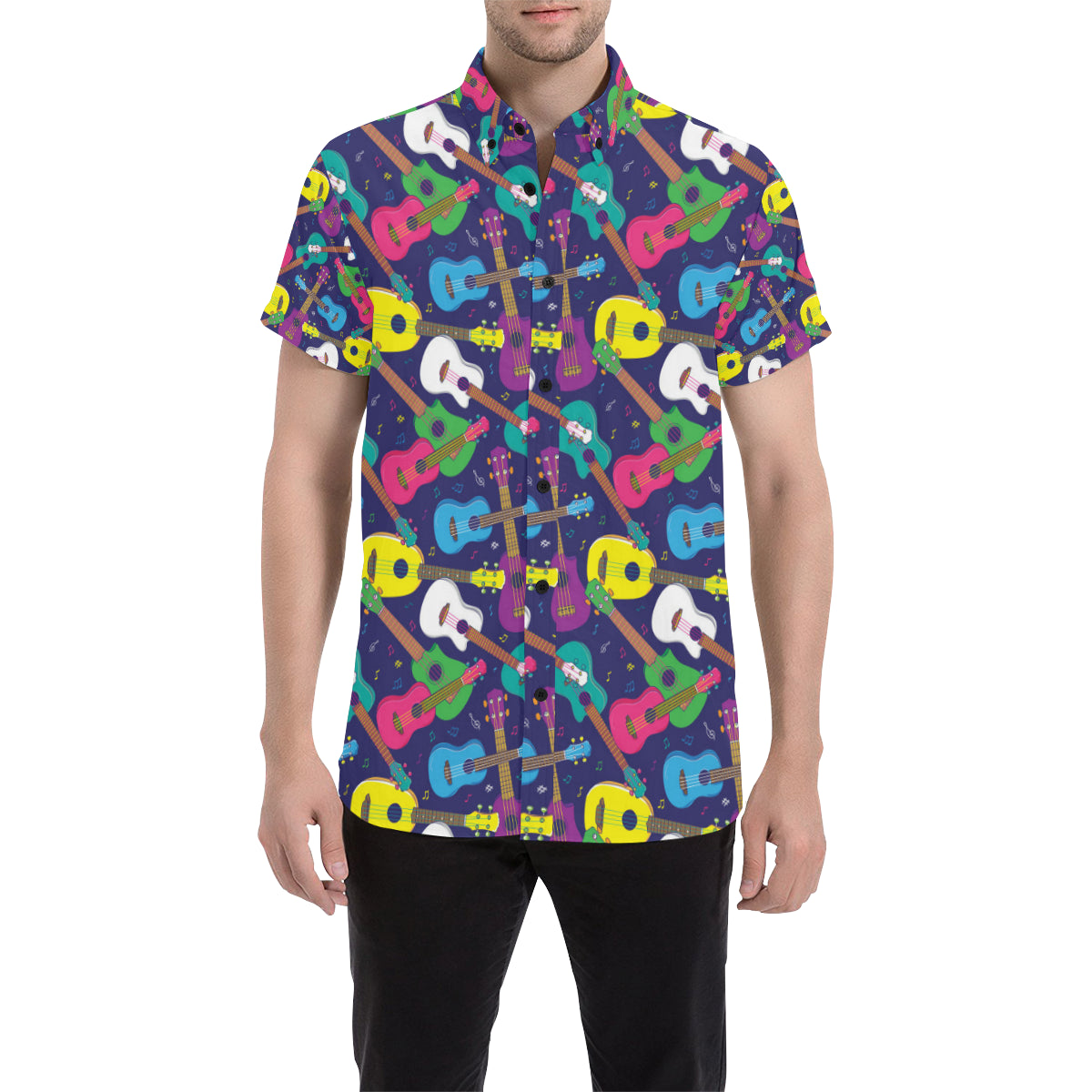 Ukulele Pattern Print Design 02 Men's Short Sleeve Button Up Shirt