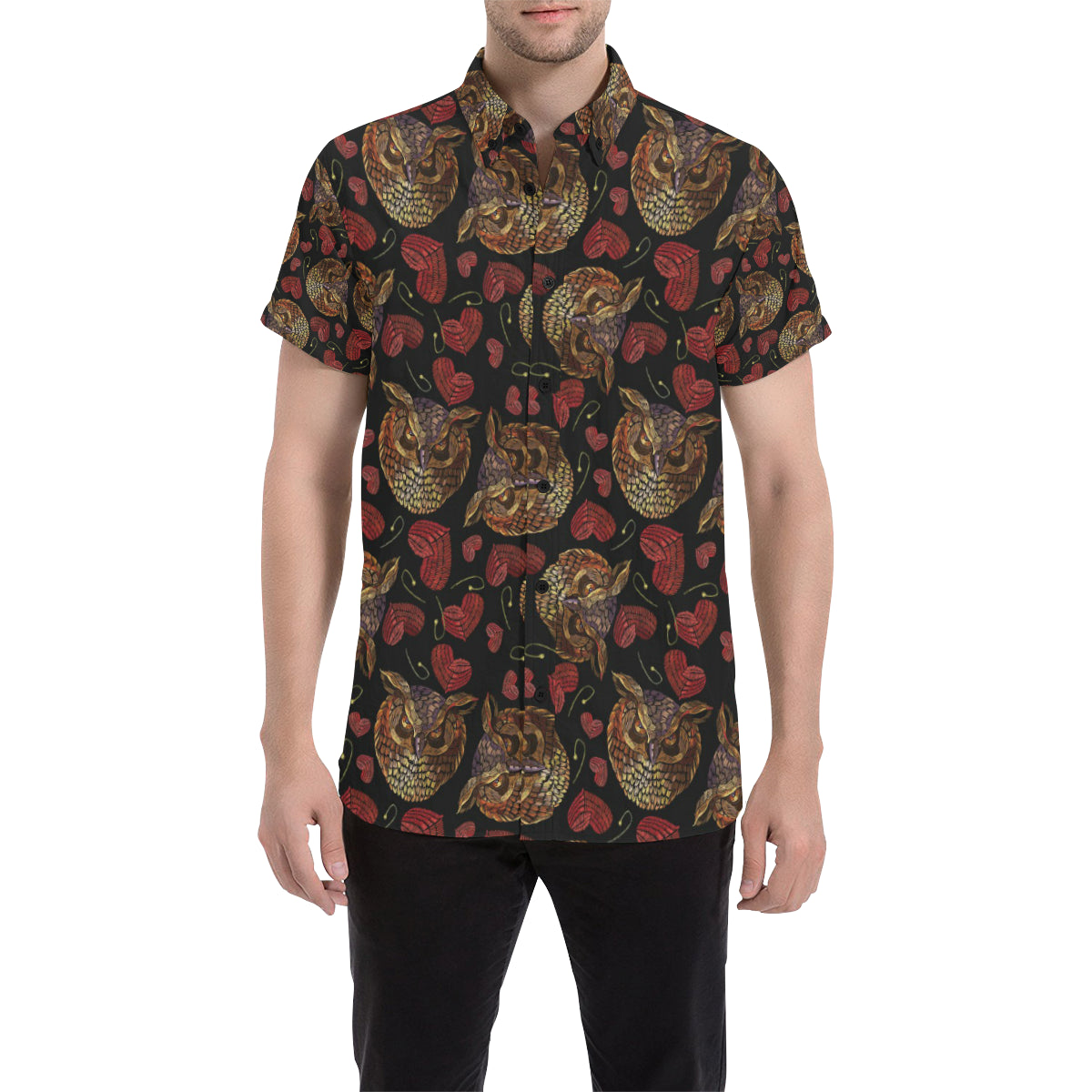 Owl Pattern Print Design A08 Men's Short Sleeve Button Up Shirt