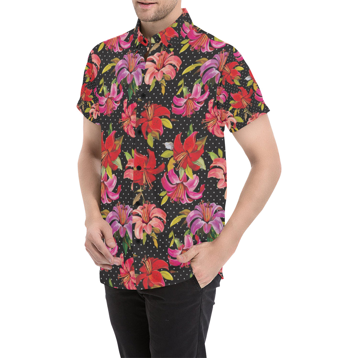 Lily Pattern Print Design LY012 Men's Short Sleeve Button Up Shirt