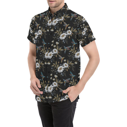 Hummingbird with Embroidery Themed Print Men's Short Sleeve Button Up Shirt