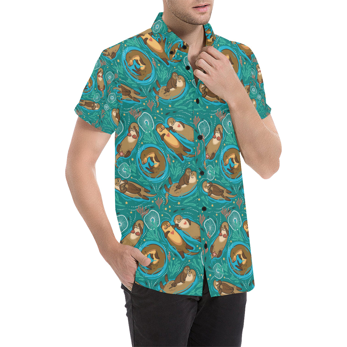 Sea Otter Pattern Print Design 01 Men's Short Sleeve Button Up Shirt