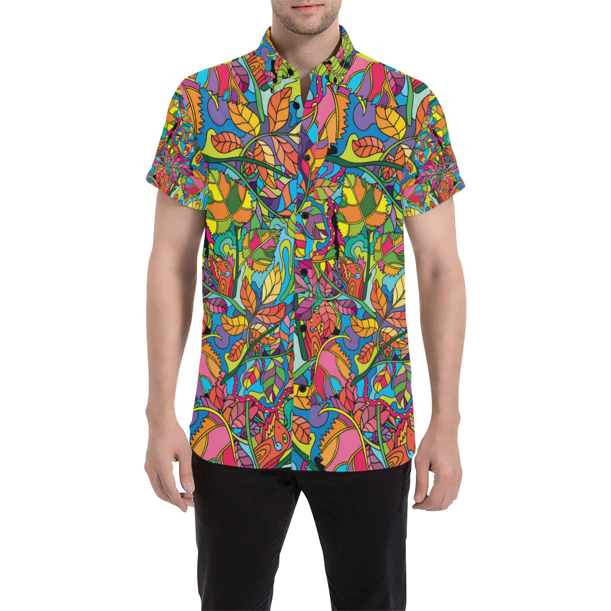Psychedelic Trippy Flower Print Men's Short Sleeve Button Up Shirt