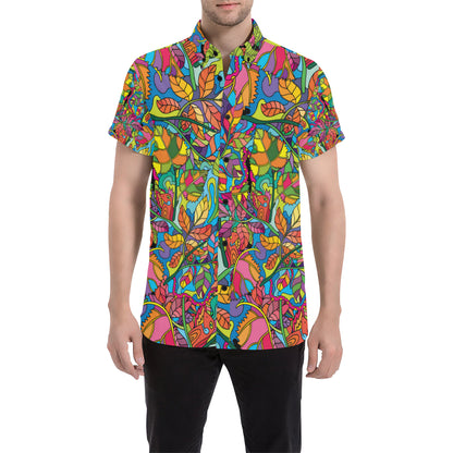 Psychedelic Trippy Flower Print Men's Short Sleeve Button Up Shirt